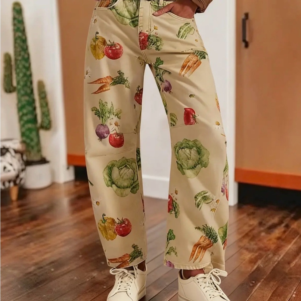 New Vegetable Garden Farm Veggie Print Women Jeans XL carrots tomato cabbage etc